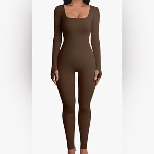 NWOT Women’s Yoga Brown Jumpsuit Workout Ribbed Long Sleeve size S OQQ brand